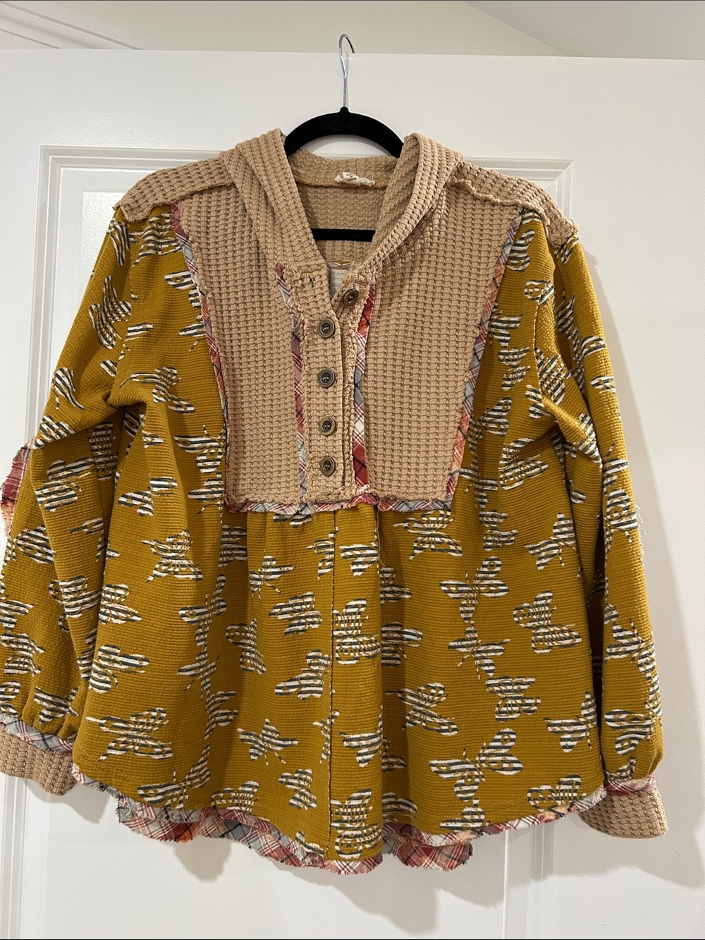 POL Mustard Patterned Hooded Bomber with Taupe Knit Yoke